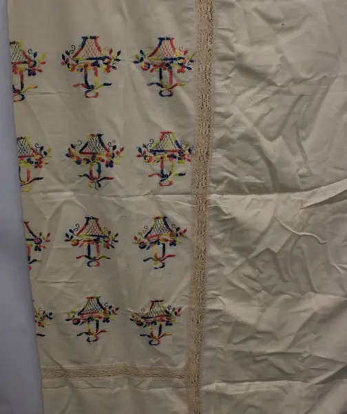 Hand Embroidered Lace Trim Tablecloth Floral Folk Motif Cream 39x39 