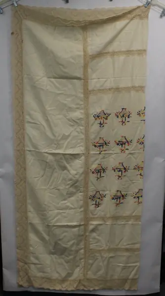 Hand Embroidered Lace Trim Tablecloth Floral Folk Motif Cream 39x39 