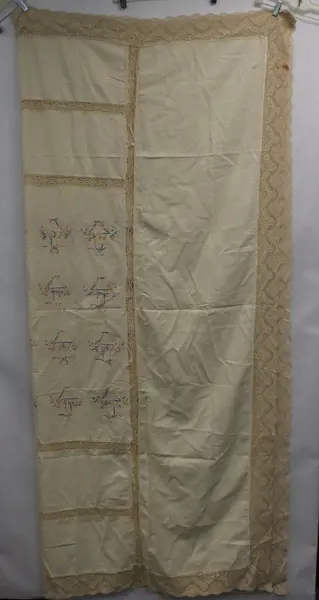 Hand Embroidered Lace Trim Tablecloth Floral Folk Motif Cream 39x39 