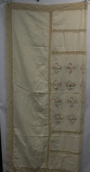 Hand Embroidered Lace Trim Tablecloth Floral Folk Motif Cream 39x39 