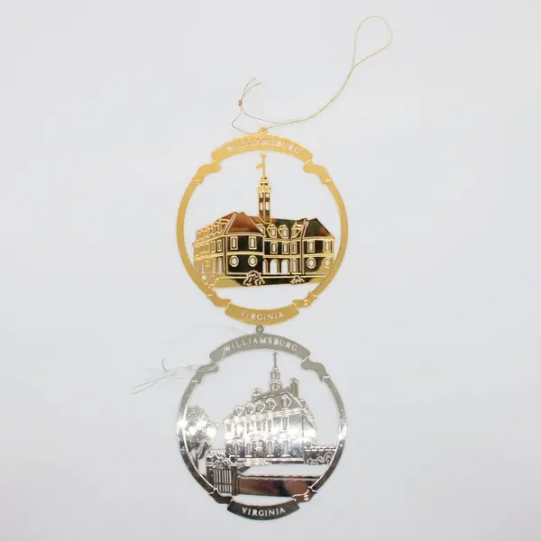 Williamsburg Virginia Metal Building Christmas Ornaments Pair Gold Silver