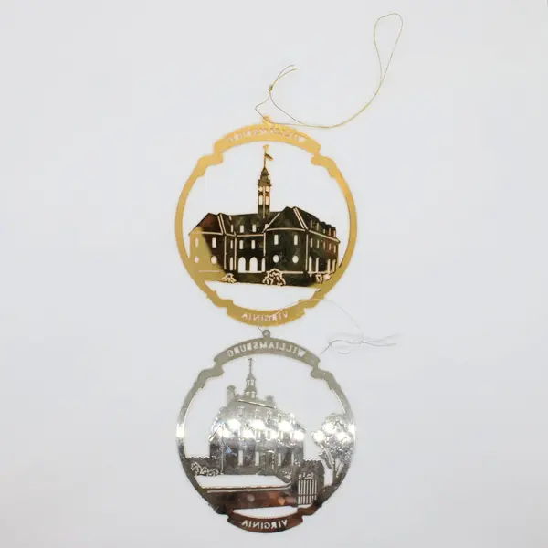 Williamsburg Virginia Metal Building Christmas Ornaments Pair Gold Silver