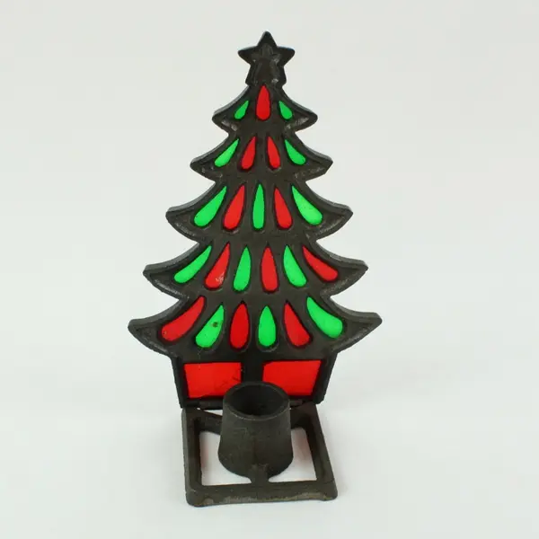 Vintage Cast Iron Stained Glass Christmas Tree Tea Light Holder