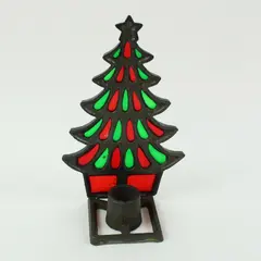Vintage Cast Iron Stained Glass Christmas Tree Tea Light Holder