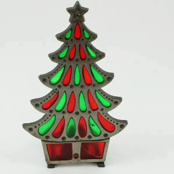 Vintage Cast Iron Stained Glass Christmas Tree Tea Light Holder