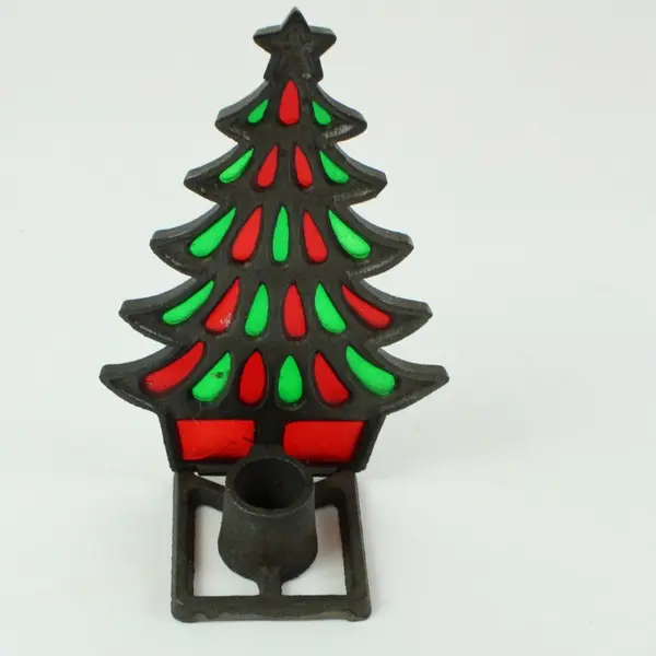 Vintage Cast Iron Stained Glass Christmas Tree Tea Light Holder
