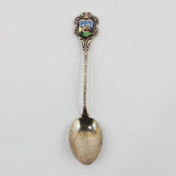 Grindelwald Switzerland Enamel Inset Silver-Plated Scenic Souvenir Spoon 4" 