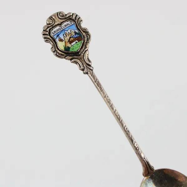 Grindelwald Switzerland Enamel Inset Silver-Plated Scenic Souvenir Spoon 4" 