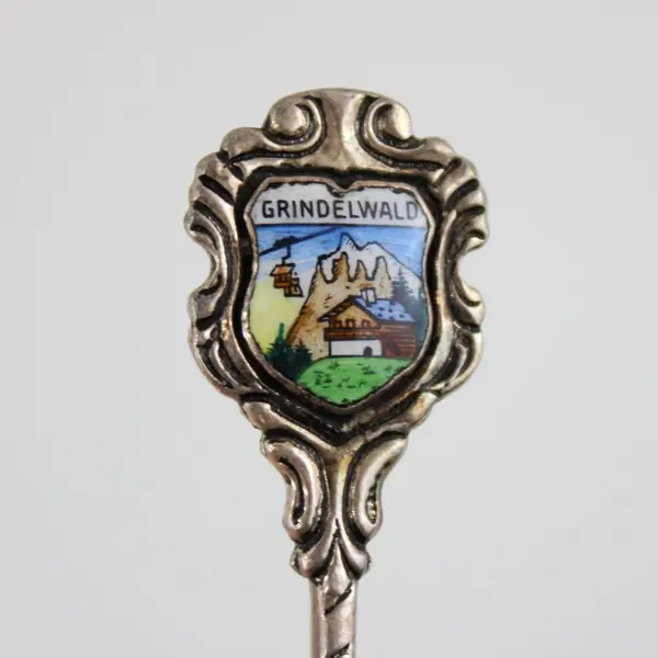 Grindelwald Switzerland Enamel Inset Silver-Plated Scenic Souvenir Spoon 4" 
