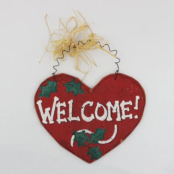 Red Heart-Shaped Wooden Christmas Welcome Wall Hanging 8 Inch FLAWED
