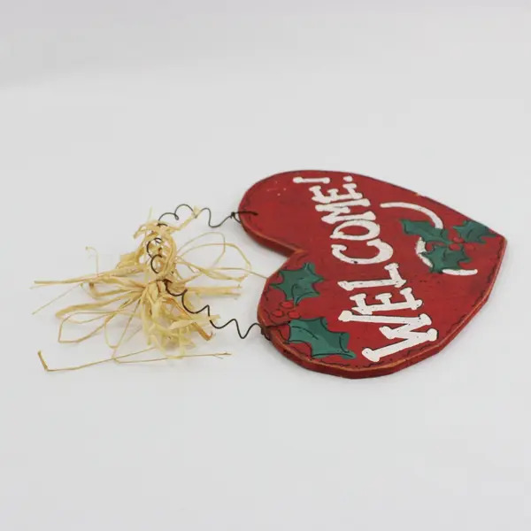 Red Heart-Shaped Wooden Christmas Welcome Wall Hanging 8 Inch FLAWED