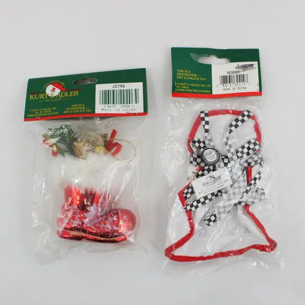 Lot 2 Kurt S. Adler Santa's World Holiday-Themed Ornaments, Boot and Apron, New 