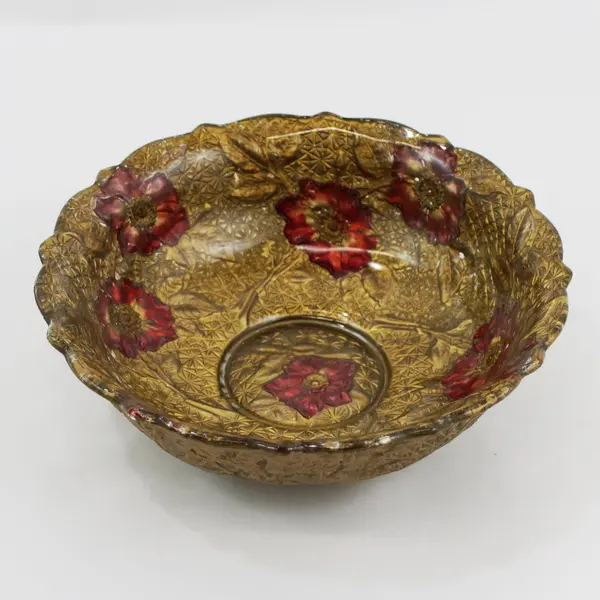  Antique Goofus Glass Wild Rose Bowl Red Roses Gold Gilt