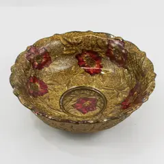  Antique Goofus Glass Wild Rose Bowl Red Roses Gold Gilt