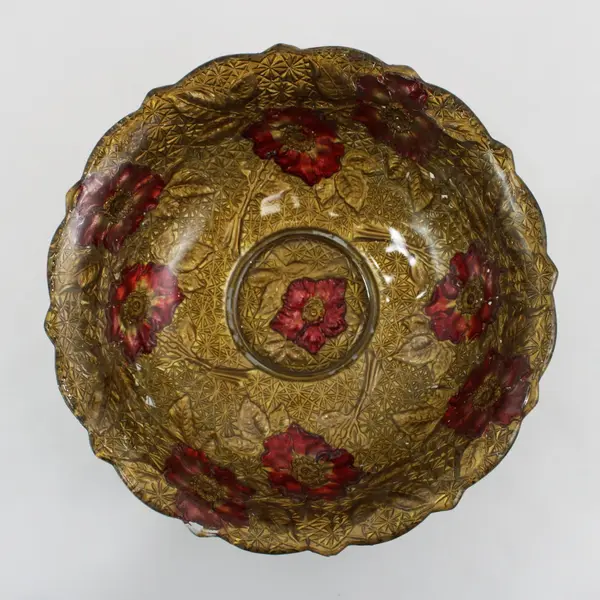  Antique Goofus Glass Wild Rose Bowl Red Roses Gold Gilt