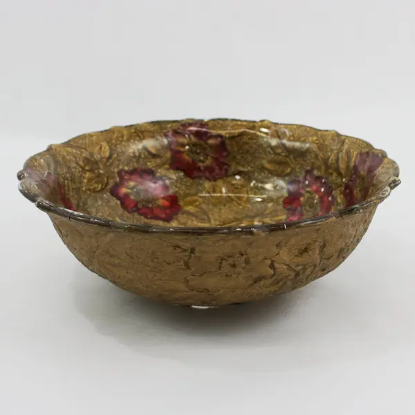  Antique Goofus Glass Wild Rose Bowl Red Roses Gold Gilt