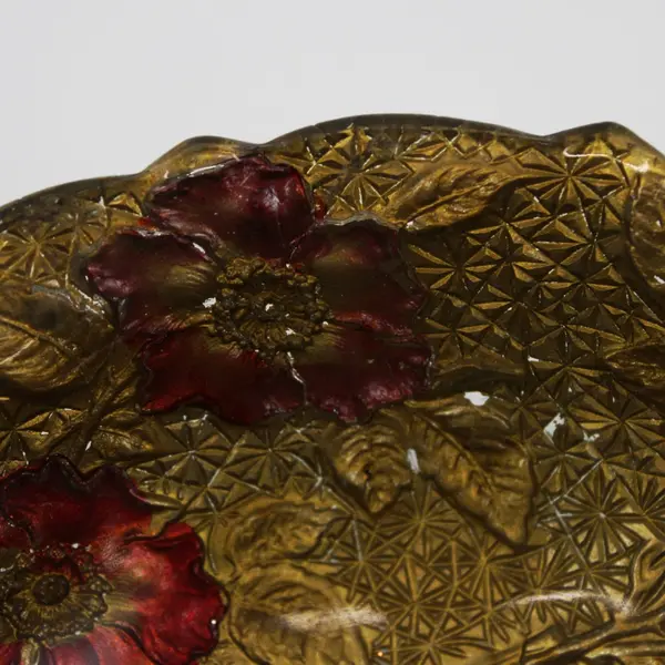  Antique Goofus Glass Wild Rose Bowl Red Roses Gold Gilt