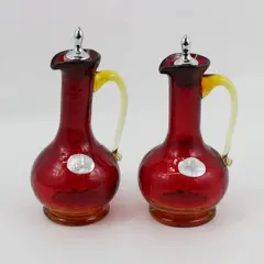 Pair Vintage Red Amberina Crackle Glass Cruet Bottles Cork Stoppers