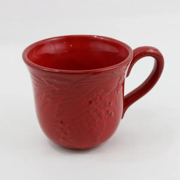 Red Extra Large Ceramic Christmas Coffee Mug Impressed Holly Pine Cone Pattern