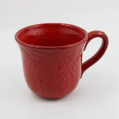 Red Extra Large Ceramic Christmas Coffee Mug Impressed Holly Pine Cone Pattern