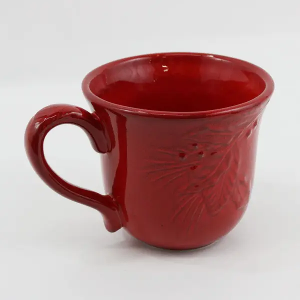 Red Extra Large Ceramic Christmas Coffee Mug Impressed Holly Pine Cone Pattern