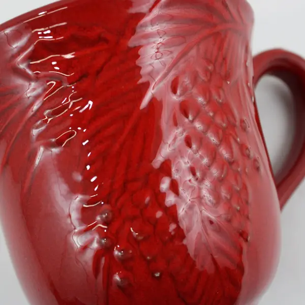 Red Extra Large Ceramic Christmas Coffee Mug Impressed Holly Pine Cone Pattern