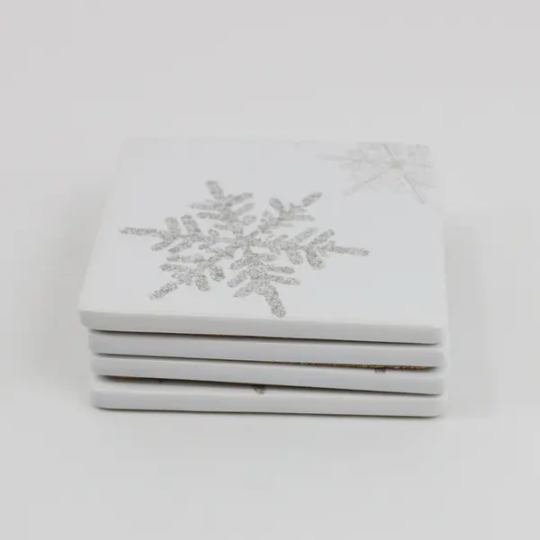 Set of 4 Square Ceramic Snowflake Cork-Back Coasters