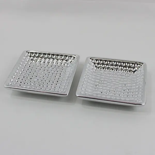 2 Greenbrier International Silver Tone Ceramic Square Dimpled Candle Holders