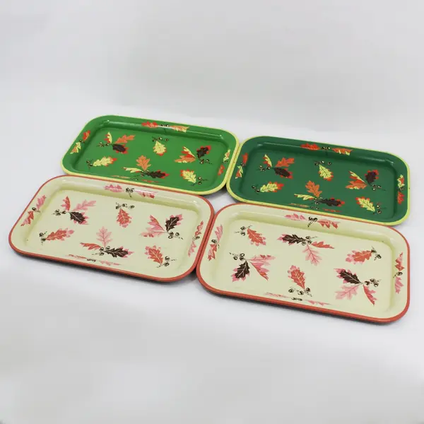 Set of 4 Autumn Oak Leaf And Acorn Aluminum Metal Serving Trays 14 x 9 Inch