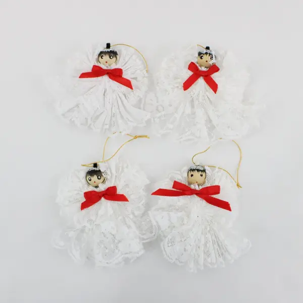 Lot of 4 Handmade Lace Angel Christmas Ornaments White Gold