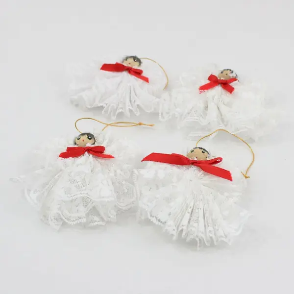 Lot of 4 Handmade Lace Angel Christmas Ornaments White Gold