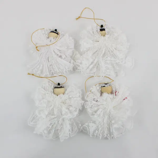 Lot of 4 Handmade Lace Angel Christmas Ornaments White Gold