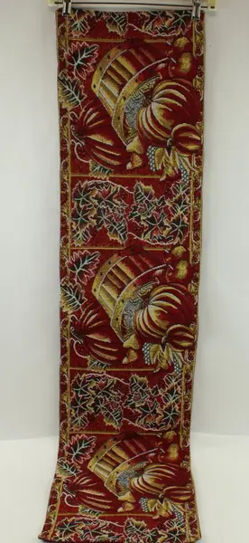 Woven Tapestry Table Runner Burgundy Red Gold Floral Harvest