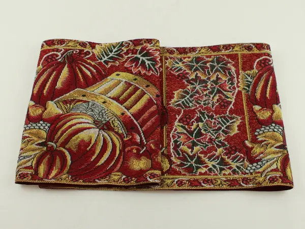 Woven Tapestry Table Runner Burgundy Red Gold Floral Harvest