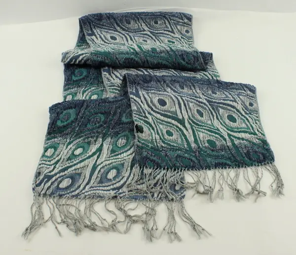 Polyester Peacock Feather Pattern Scarf Blue Teal White Fringed 34x12