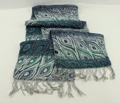 Polyester Peacock Feather Pattern Scarf Blue Teal White Fringed 34x12