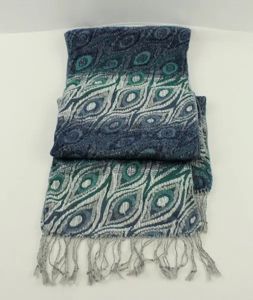 Polyester Peacock Feather Pattern Scarf Blue Teal White Fringed 34x12