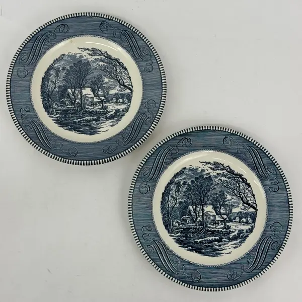 Set of 2 Royal China Currier & Ives Old Grist Mill Dinner Plates 10.5 Inch