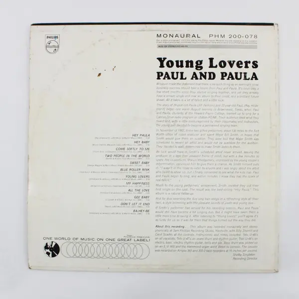 Paul & Paula Sing For Young Lovers 12"Vinyl Record Mono Philips PHM-200-078