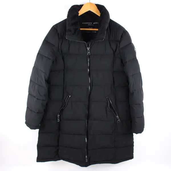 Andrew Marc Women's XL Black Zip Puffer Jacket Removable Faux Fur Hood Missing