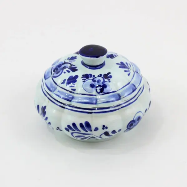 Hand-Painted Delfts Blauw Round Paneled Trinket Bowl w/ Matching Lid 674