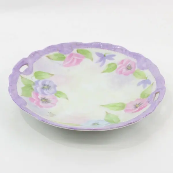 Hand Painted Porcelain Plate With Handles Floral Pattern 9 Inch