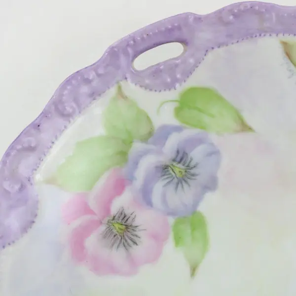 Hand Painted Porcelain Plate With Handles Floral Pattern 9 Inch