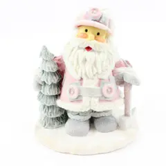 Flocked Pink Santa Claus Resin Christmas Figurine Tree Cane 4.75in Tall