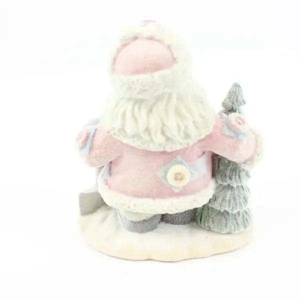Flocked Pink Santa Claus Resin Christmas Figurine Tree Cane 4.75in Tall