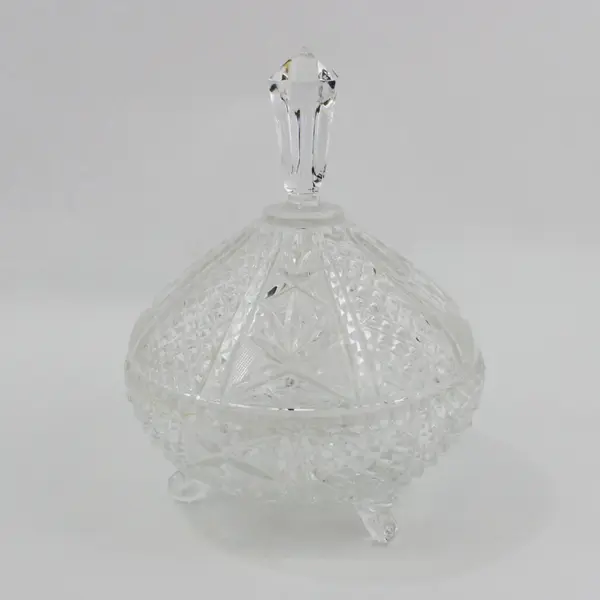 Heavy 3 footed Diamond Cut Crystal Lidded Candy Nut Dish With Hexagonal Finial
