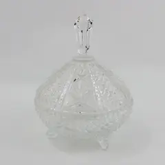 Heavy 3 footed Diamond Cut Crystal Lidded Candy Nut Dish With Hexagonal Finial