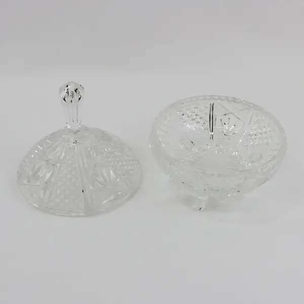 Heavy 3 footed Diamond Cut Crystal Lidded Candy Nut Dish With Hexagonal Finial