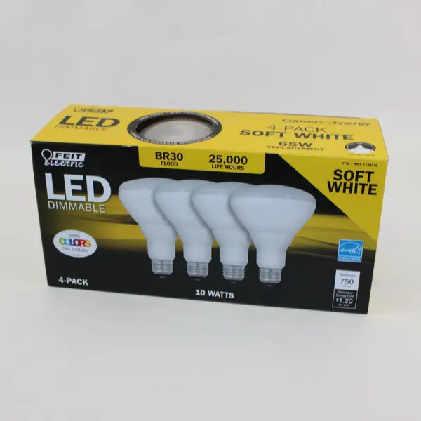 Feit Electric BR30/927 LED Dimmable Soft White 10W 4-Pack 750 Lumens- 2 Used