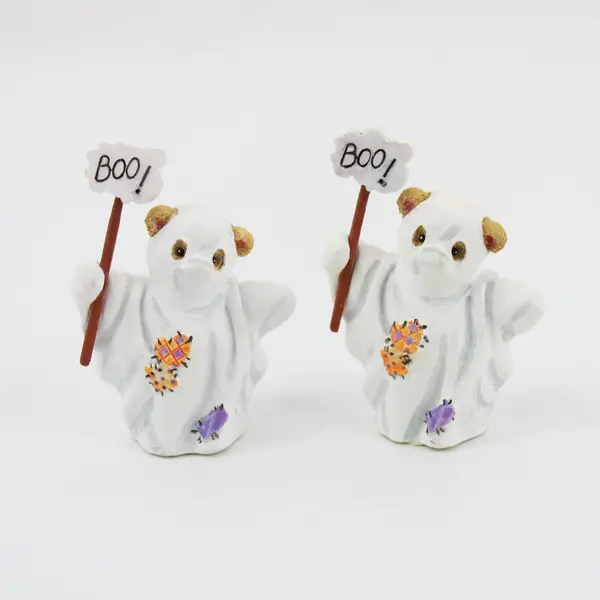 Enesco Marjorie Sarnat Halloween Bear Ghost Figurines Pair of 2 Boo Signs